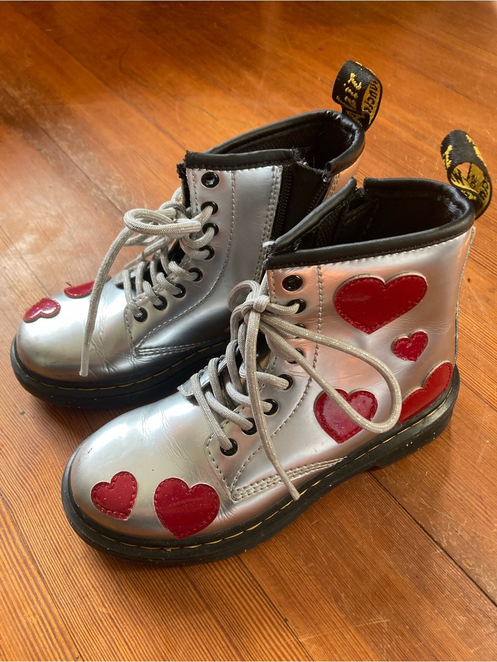 Dr Martens Silver Boots with Red Sparkle Hearts